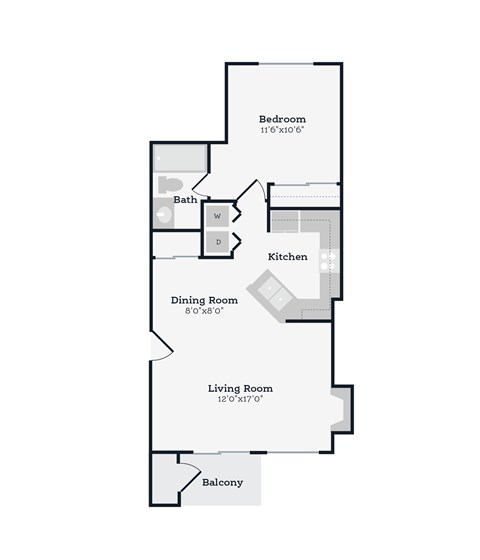 Floor plan for 1 bed, 1 bath, 750 sqft